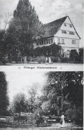 23 Niederbeisheim, Gutshaus und die Großeltern des Verfassers im Park, 1920