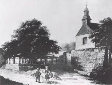 22 Niederbeisheim, Kirche, 1860. Vor der Kirche der Tanzplatz mit der alten Gerichtslinde, Ölgemälde des Amsterdamer Malers Arends, 1943 in Berlin vernichtet
