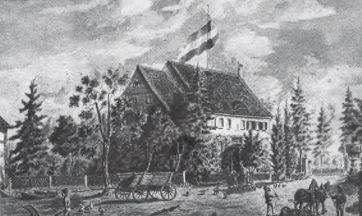 21 Niederbeisheim, beflaggtes Gutshaus, 1872, Kolorierte Zeichnung von Hermann Nalop